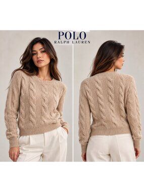 Polo Ralph Lauren 90% Wool Cable Knit Crewneck Sweater Beige M
